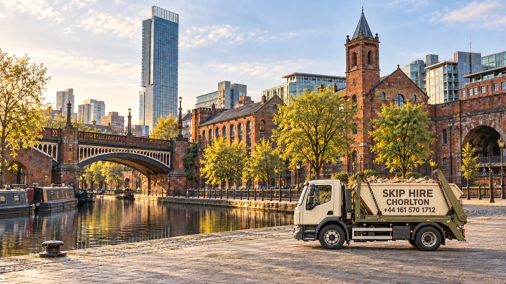 Skip Hire Chorlton truck displaying +44 161 570 1712, with Manchester’s cityscape behind it