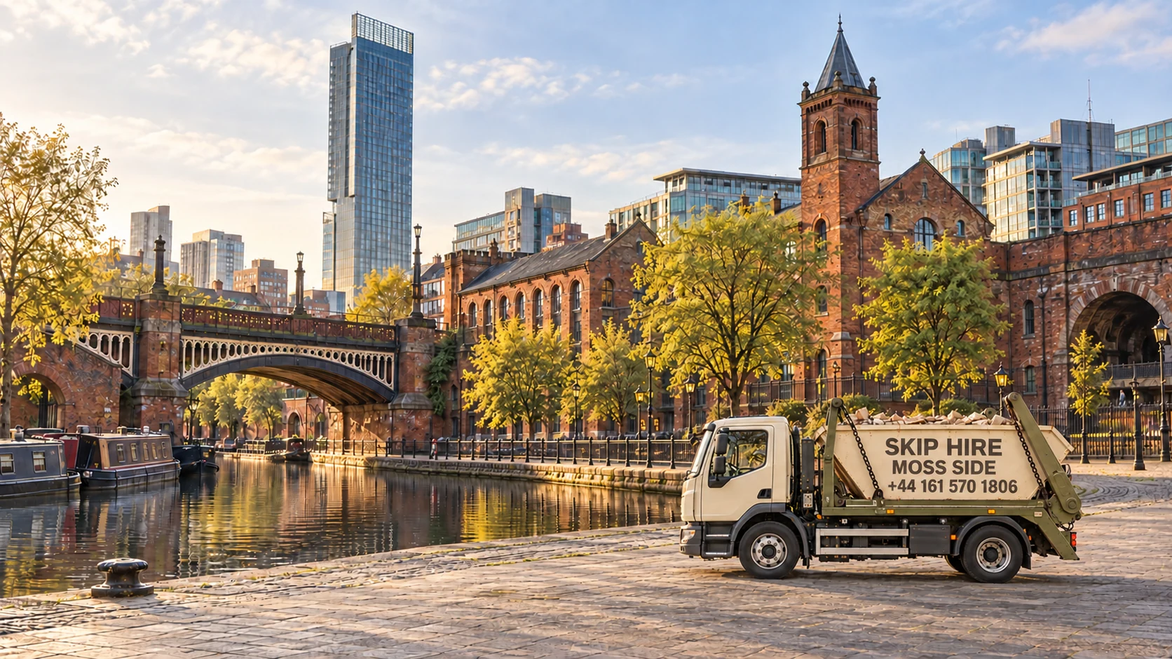 Skip Hire Moss Side truck displaying +44 161 570 1806, with Manchester’s cityscape behind it
