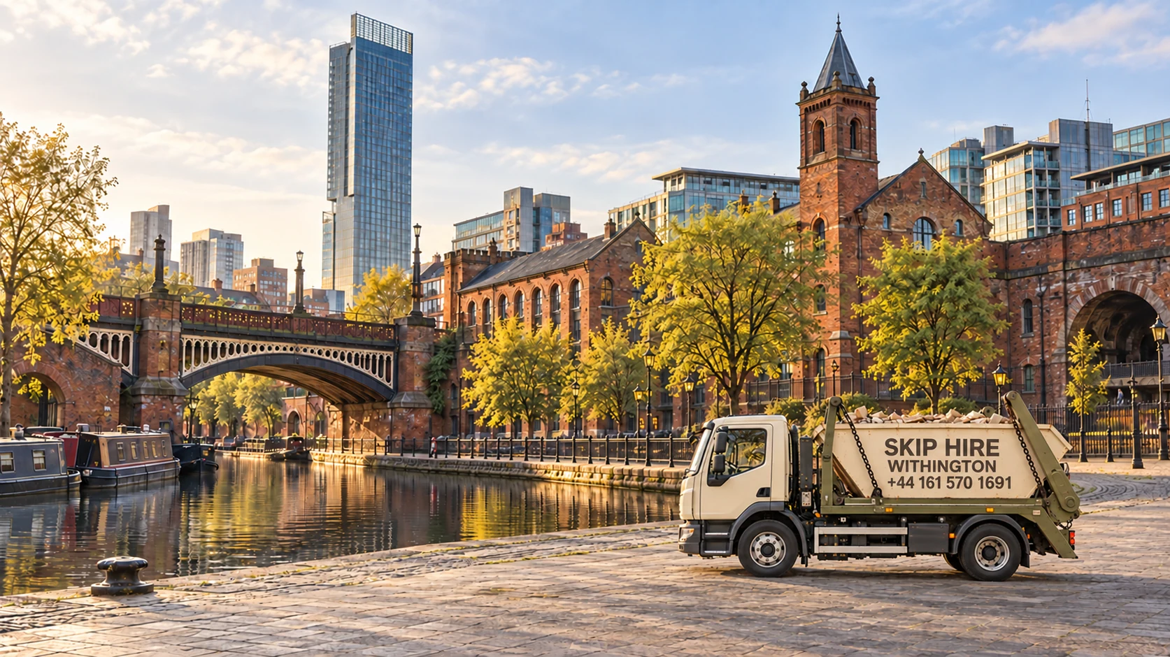 Skip Hire Withington truck displaying +44 161 570 1691, with Manchester’s cityscape behind it